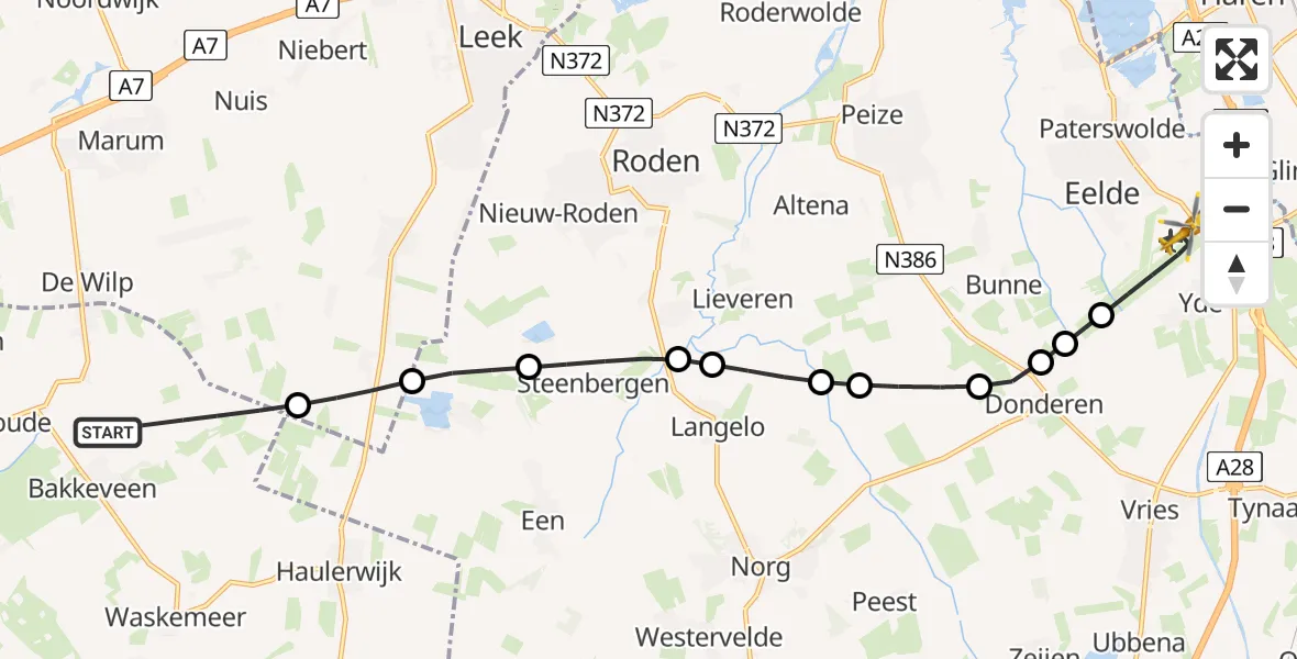 Vluchtroute Traumahelikopter van Bakkeveen naar Groningen Airport Eelde