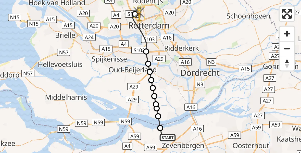 Vluchtroute Traumahelikopter van Klundert naar Rotterdam The Hague Airport