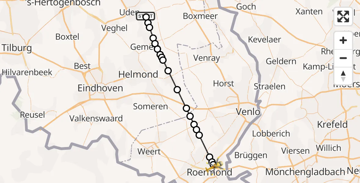 Vluchtroute Traumahelikopter van Vliegbasis Volkel naar Roermond