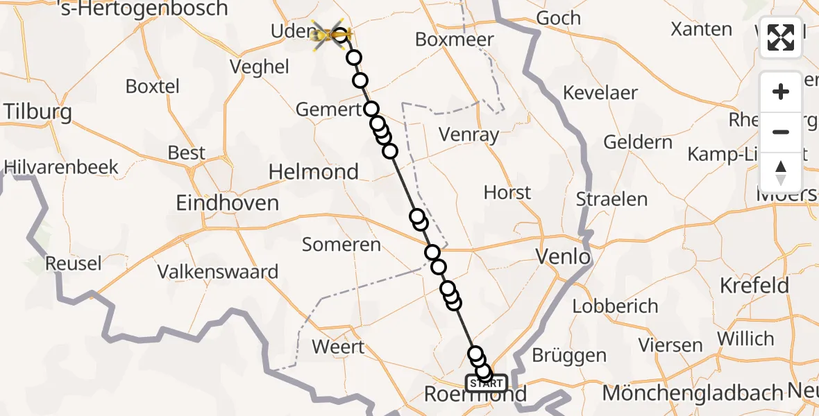 Vluchtroute Traumahelikopter van Roermond naar Vliegbasis Volkel