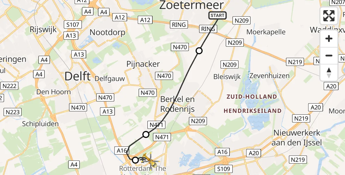 Vluchtroute Traumahelikopter van Zoetermeer naar Rotterdam The Hague Airport
