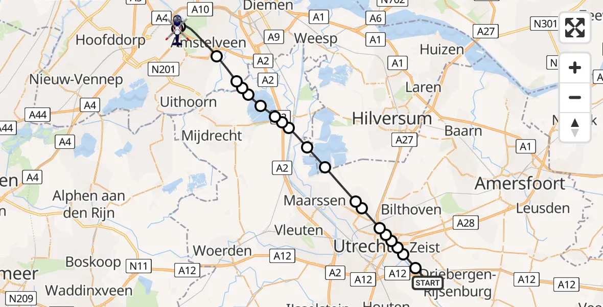 Vluchtroute Politiehelikopter van Odijk naar Amsterdam Vliegveld Schiphol