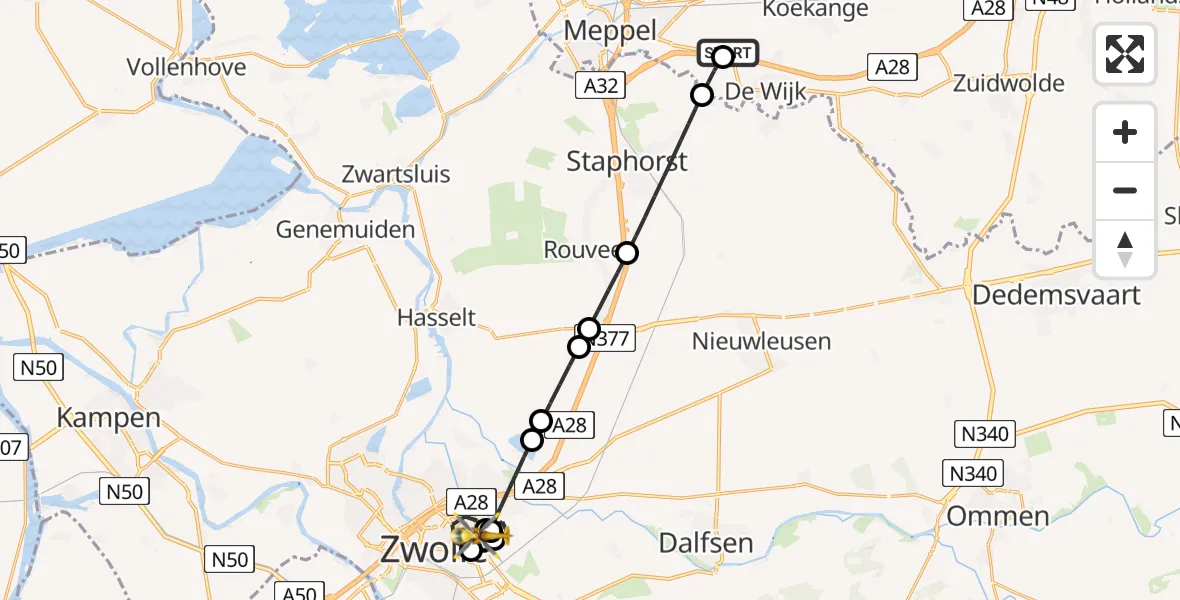 Vluchtroute Traumahelikopter van Rogat naar Isala Hospital Zwolle Heliport