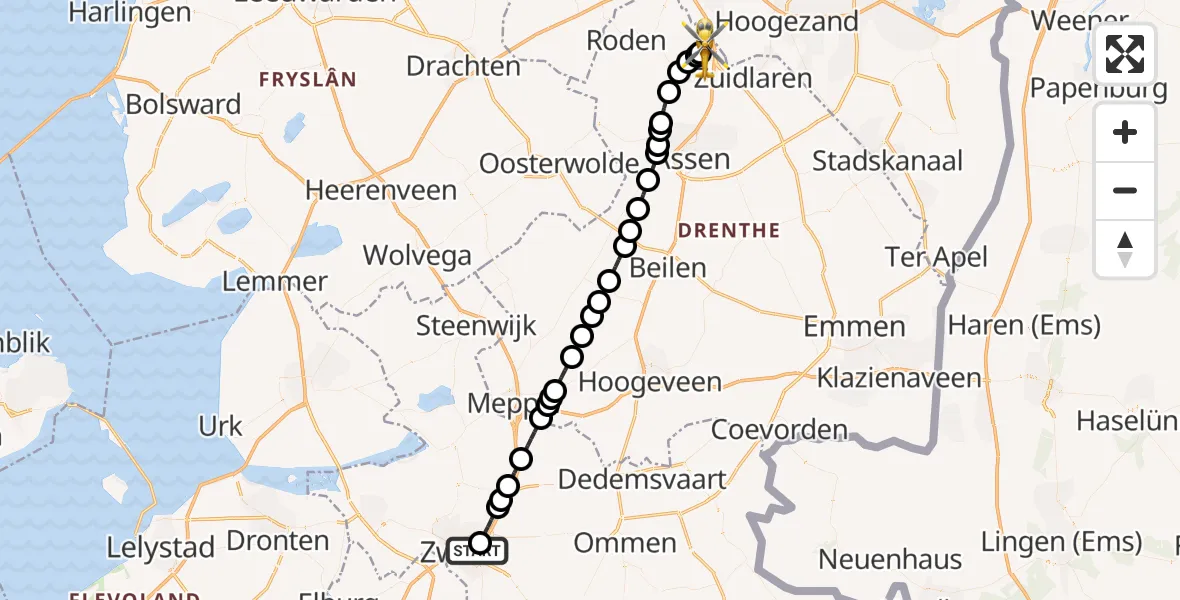 Vluchtroute Traumahelikopter van Isala Hospital Zwolle Heliport naar Groningen Airport Eelde