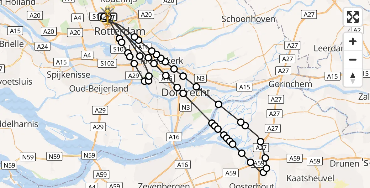 Vluchtroute Traumahelikopter van Rotterdam The Hague Airport naar Rotterdam The Hague Airport