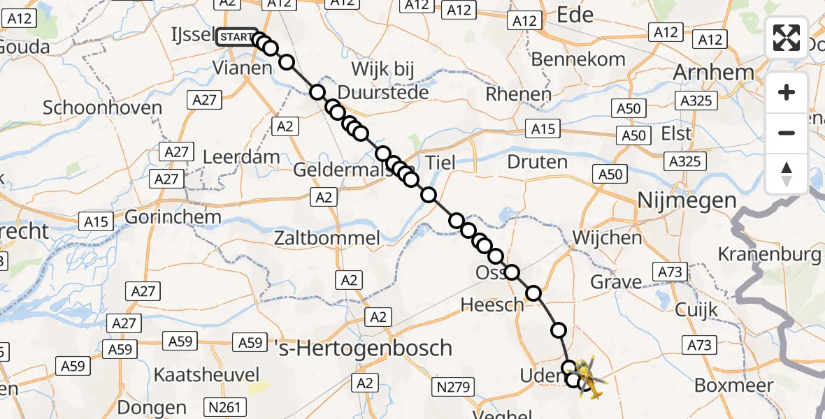 Vluchtroute Traumahelikopter van Nieuwegein naar Vliegbasis Volkel