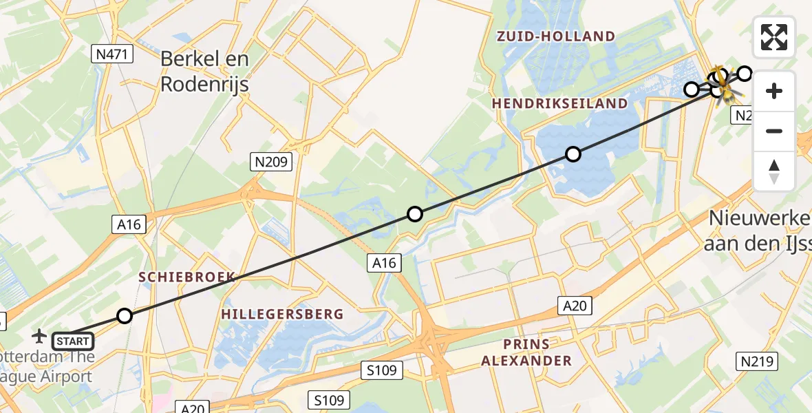 Vluchtroute Traumahelikopter van Rotterdam The Hague Airport naar Zevenhuizen