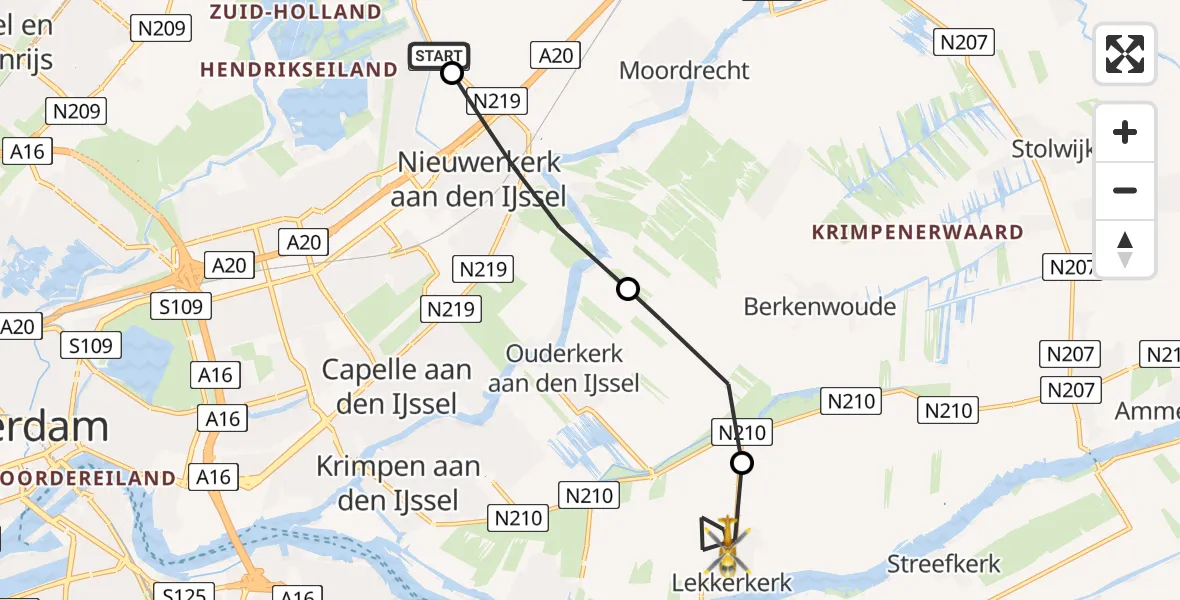 Vluchtroute Traumahelikopter van Zevenhuizen naar Lekkerkerk