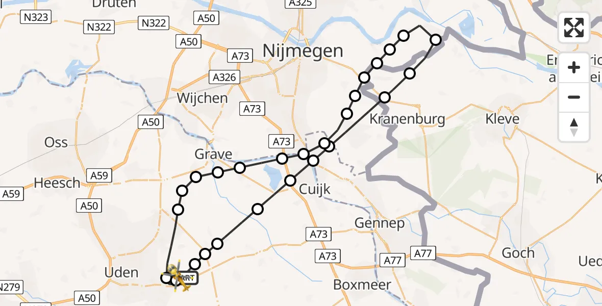 Vluchtroute Traumahelikopter van Vliegbasis Volkel naar Vliegbasis Volkel
