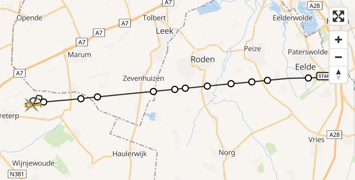 Vluchtroute Traumahelikopter van Groningen Airport Eelde naar Frieschepalen