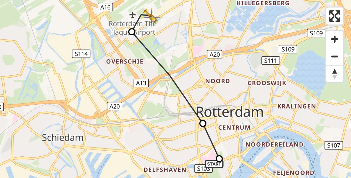 Vluchtroute Traumahelikopter van Erasmus MC naar Rotterdam The Hague Airport