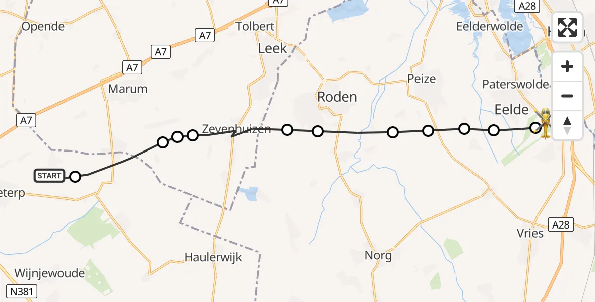 Vluchtroute Traumahelikopter van Frieschepalen naar Groningen Airport Eelde