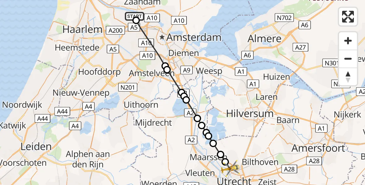 Vluchtroute Traumahelikopter van Amsterdam Heliport naar Utrecht