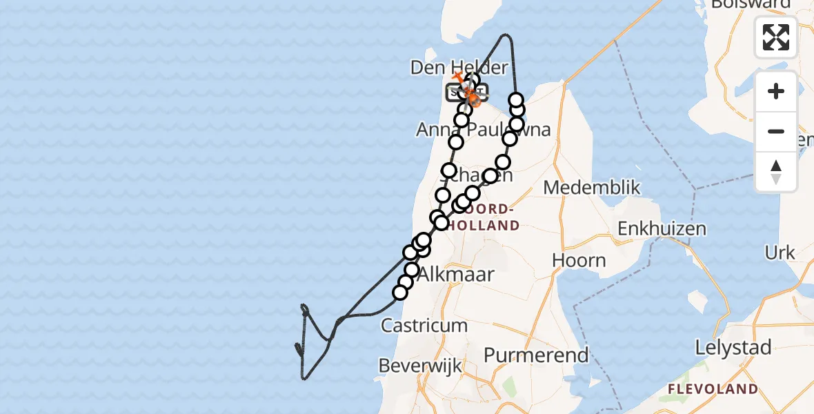 Vluchtroute Kustwachthelikopter van Militair vliegveld De Kooy / Den Helder Airport naar Militair vliegveld De Kooy / Den Helder Airport