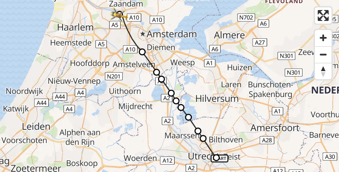 Vluchtroute Traumahelikopter van Universitair Medisch Centrum Utrecht naar Amsterdam Heliport