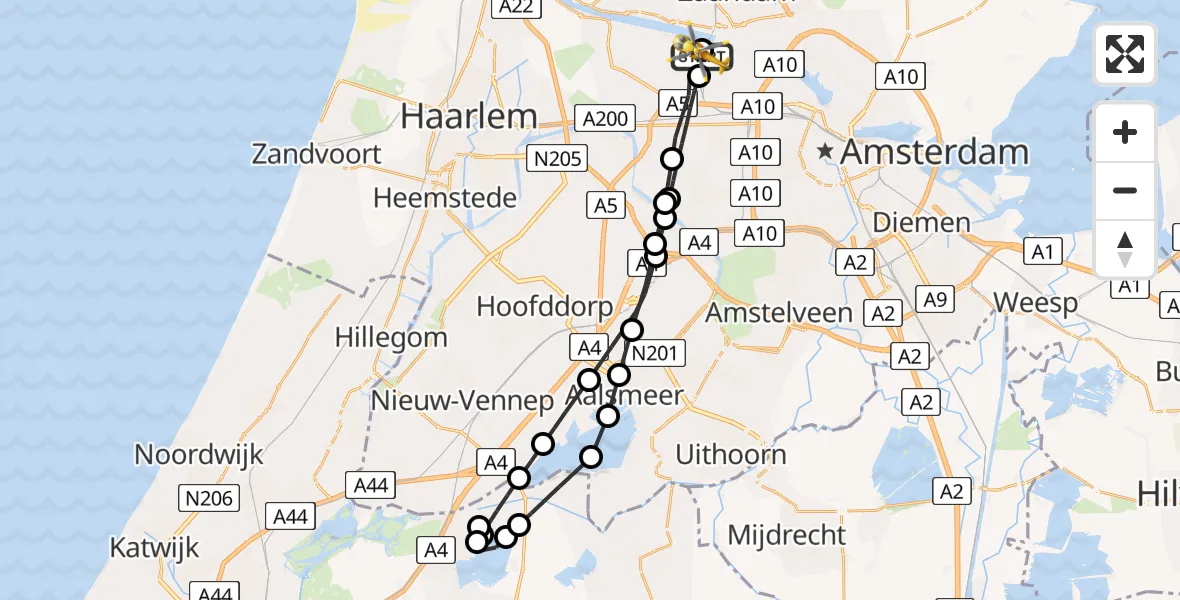 Vluchtroute Traumahelikopter van Amsterdam Heliport naar Amsterdam Heliport
