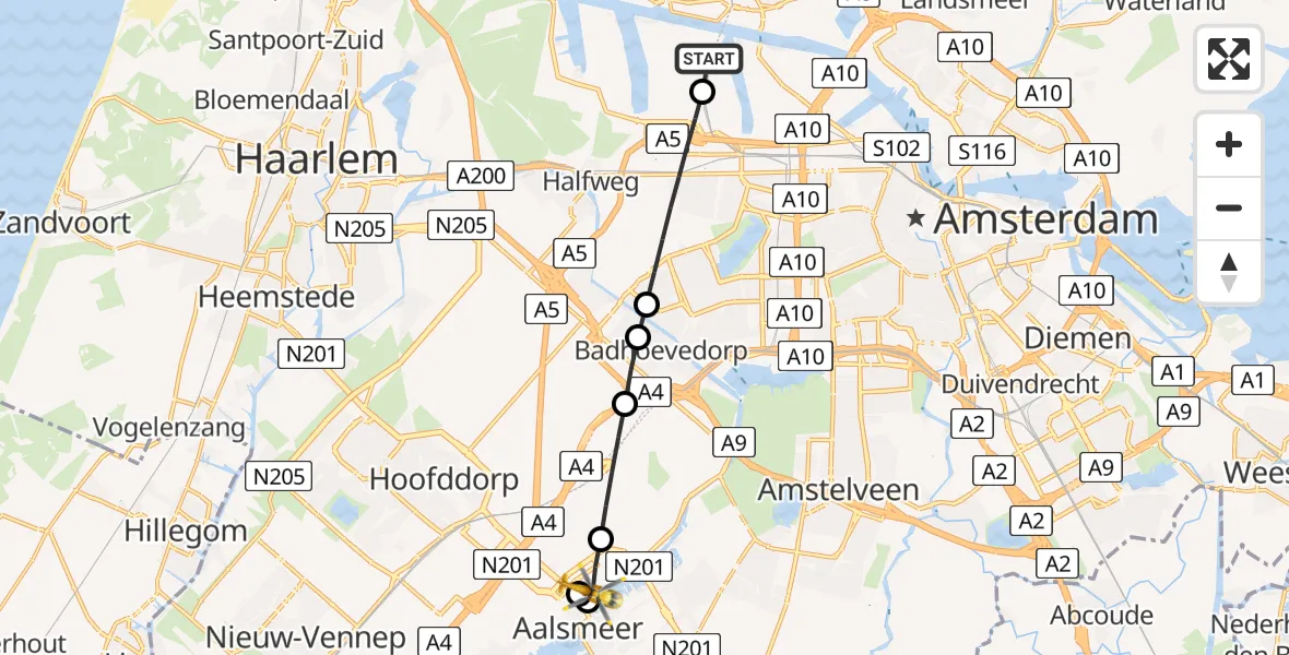 Vluchtroute Traumahelikopter van Amsterdam Heliport naar Haarlemmermeer