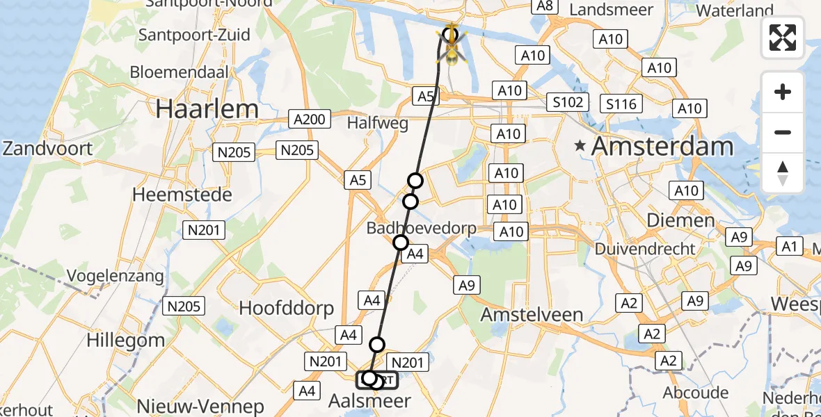 Vluchtroute Traumahelikopter van Haarlemmermeer naar Amsterdam Heliport