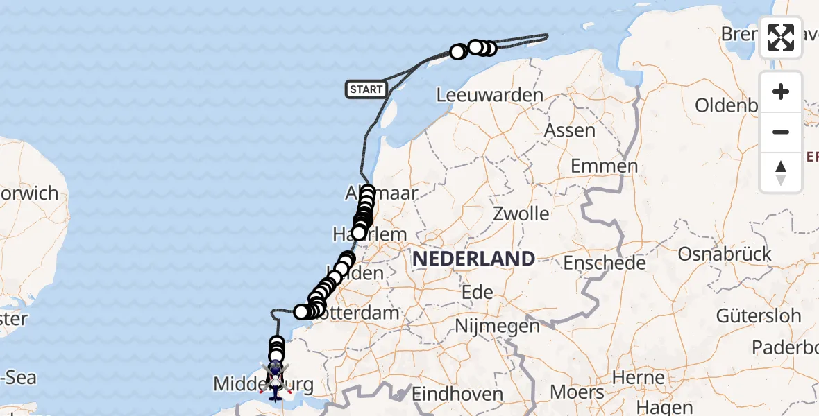 Vluchtroute Politiehelikopter van Noordzee naar Vliegveld Midden-Zeeland