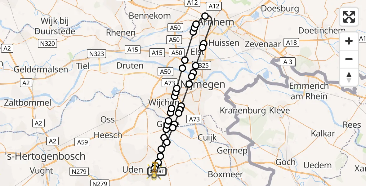 Vluchtroute Traumahelikopter van Vliegbasis Volkel naar Vliegbasis Volkel