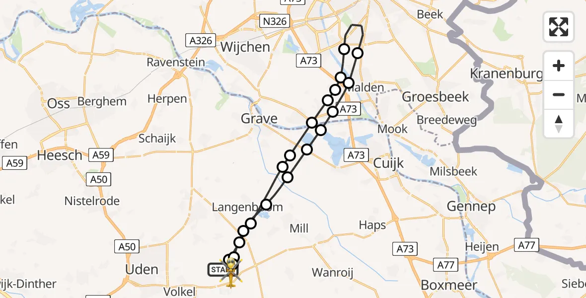 Vluchtroute Traumahelikopter van Vliegbasis Volkel naar Vliegbasis Volkel