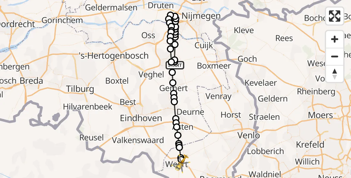 Vluchtroute Traumahelikopter van Vliegbasis Volkel naar Weert