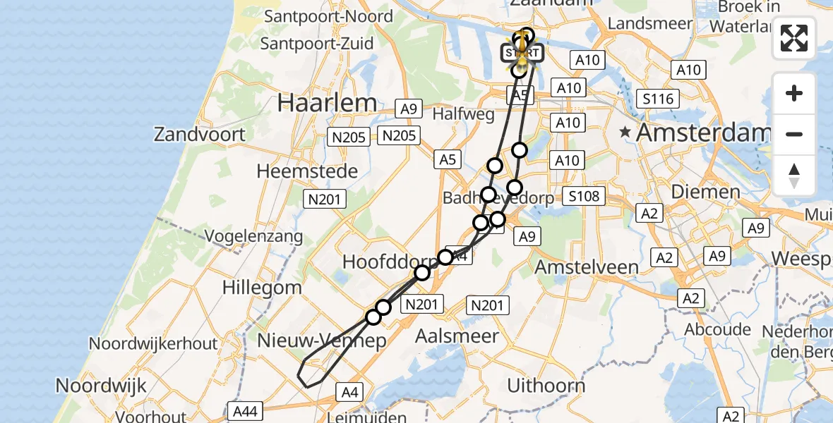 Vluchtroute Traumahelikopter van Amsterdam Heliport naar Amsterdam Heliport