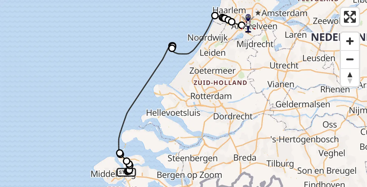Vluchtroute Politiehelikopter van Vliegveld Midden-Zeeland naar Amsterdam Vliegveld Schiphol