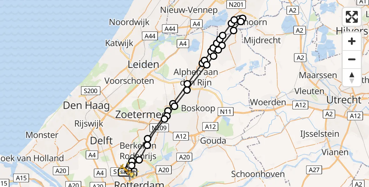 Vluchtroute Traumahelikopter van Rotterdam The Hague Airport naar Rotterdam The Hague Airport