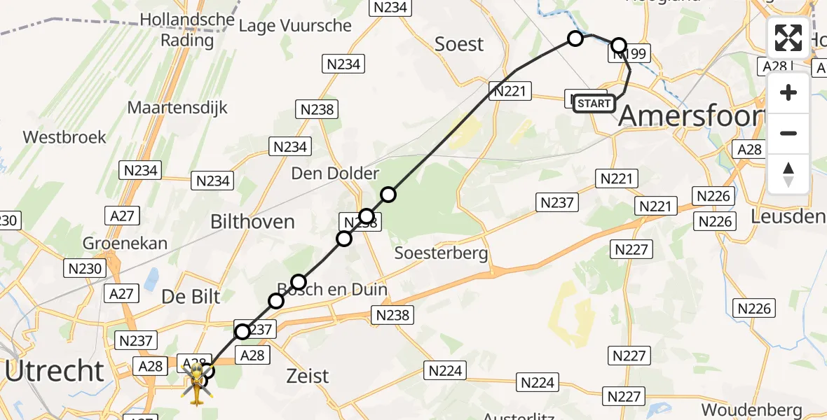 Vluchtroute Traumahelikopter van Amersfoort naar Universitair Medisch Centrum Utrecht