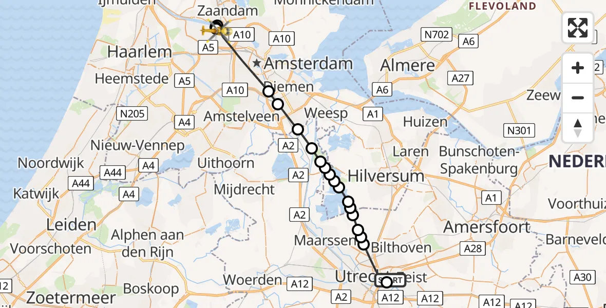 Vluchtroute Traumahelikopter van Universitair Medisch Centrum Utrecht naar Amsterdam Heliport