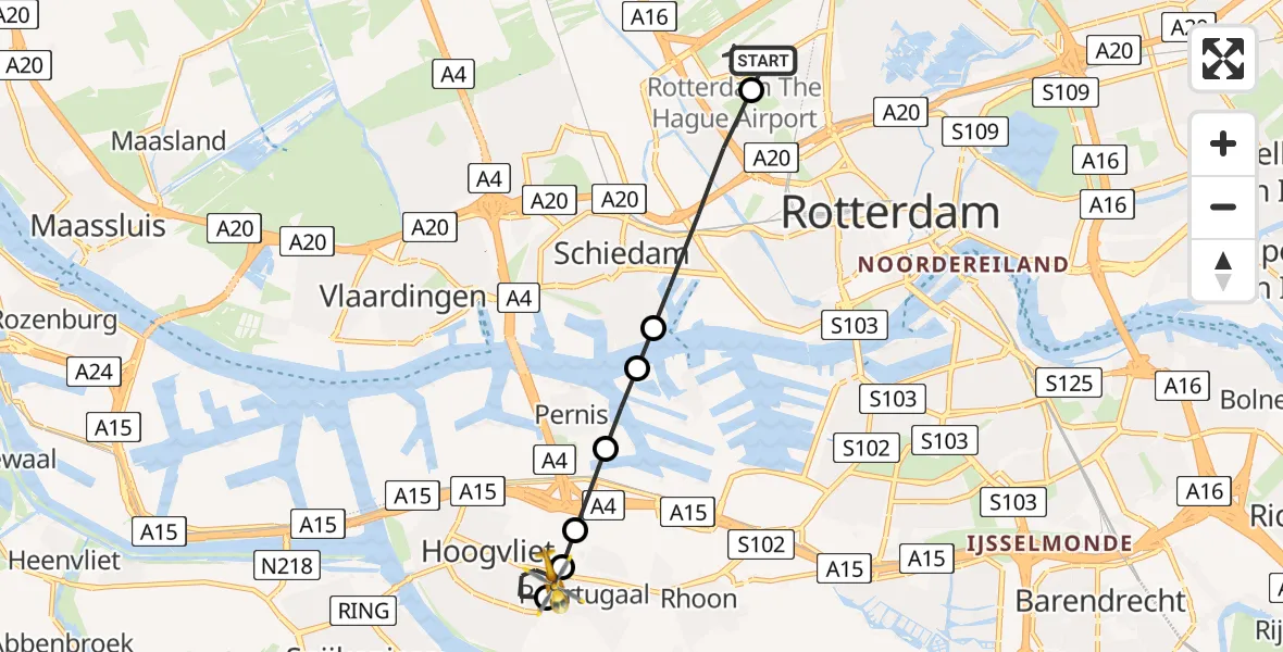 Vluchtroute Traumahelikopter van Rotterdam The Hague Airport naar Hoogvliet