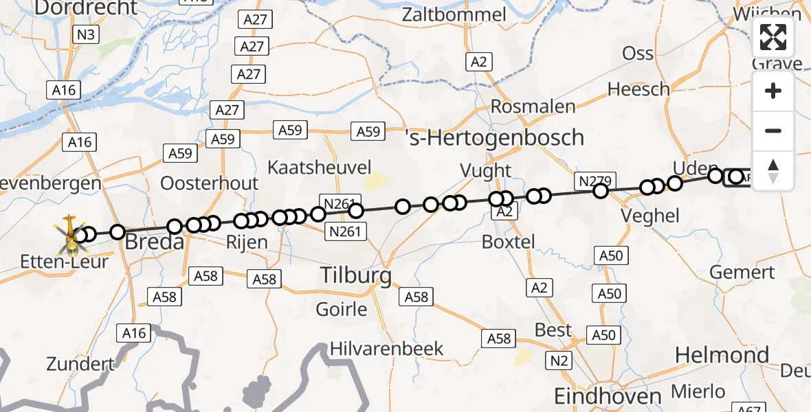 Vluchtroute Traumahelikopter van Vliegbasis Volkel naar Etten-Leur