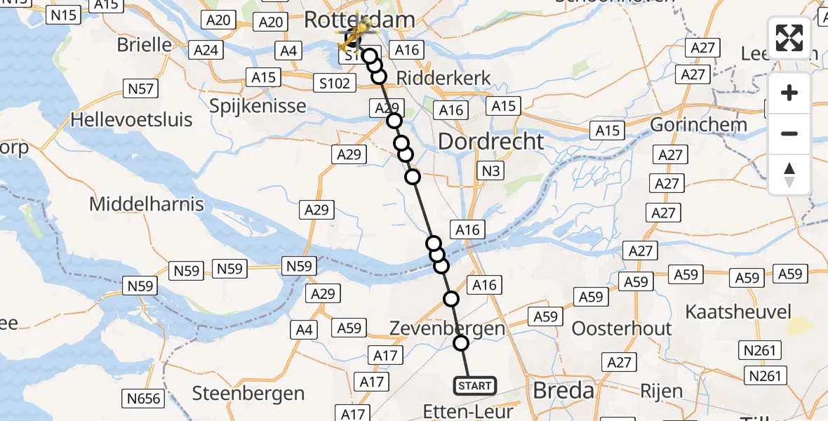 Vluchtroute Traumahelikopter van Etten-Leur naar Erasmus MC