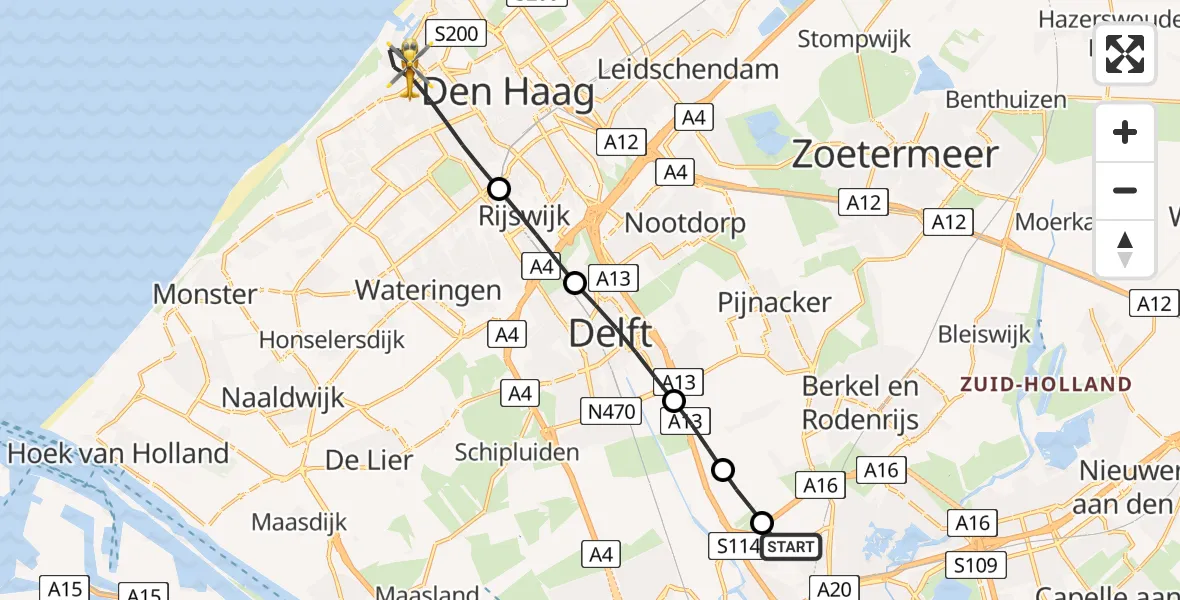 Vluchtroute Traumahelikopter van Rotterdam The Hague Airport naar Den Haag