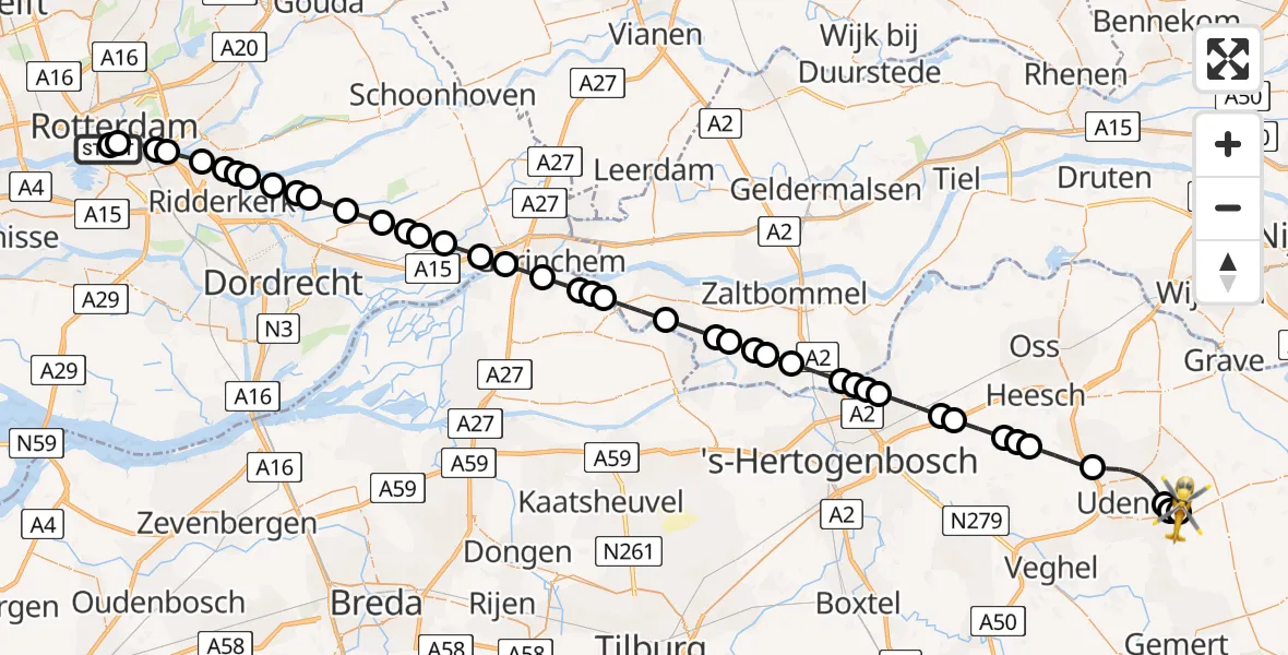 Vluchtroute Traumahelikopter van Erasmus MC naar Vliegbasis Volkel