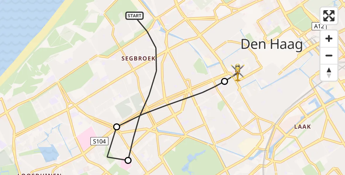 Vluchtroute Traumahelikopter van Den Haag naar HMC Westeinde Heliport