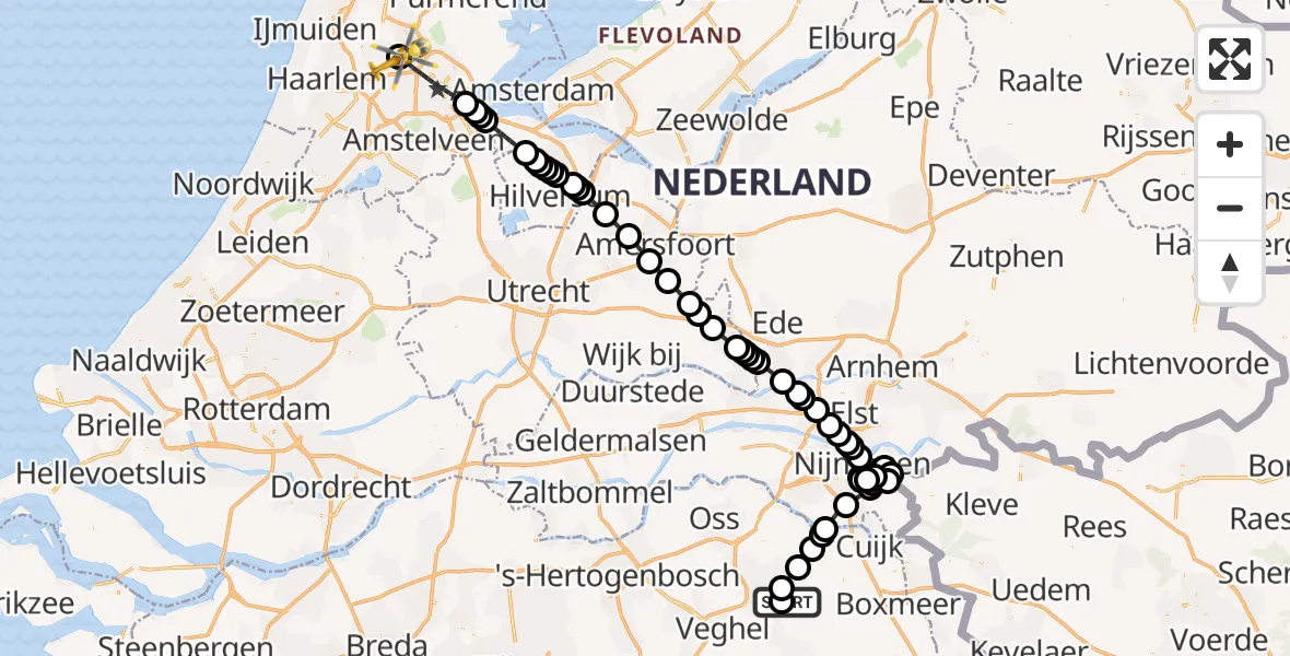Vluchtroute Traumahelikopter van Vliegbasis Volkel naar Amsterdam Heliport