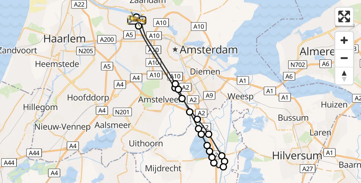 Vluchtroute Traumahelikopter van Amsterdam Heliport naar Amsterdam Heliport
