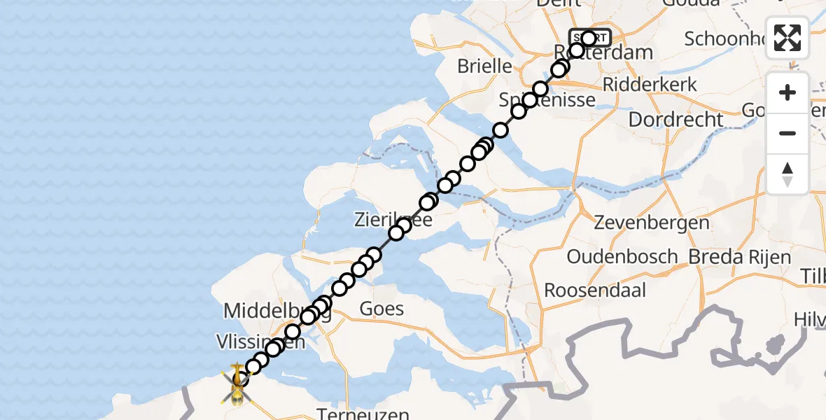 Vluchtroute Traumahelikopter van Rotterdam The Hague Airport naar Groede