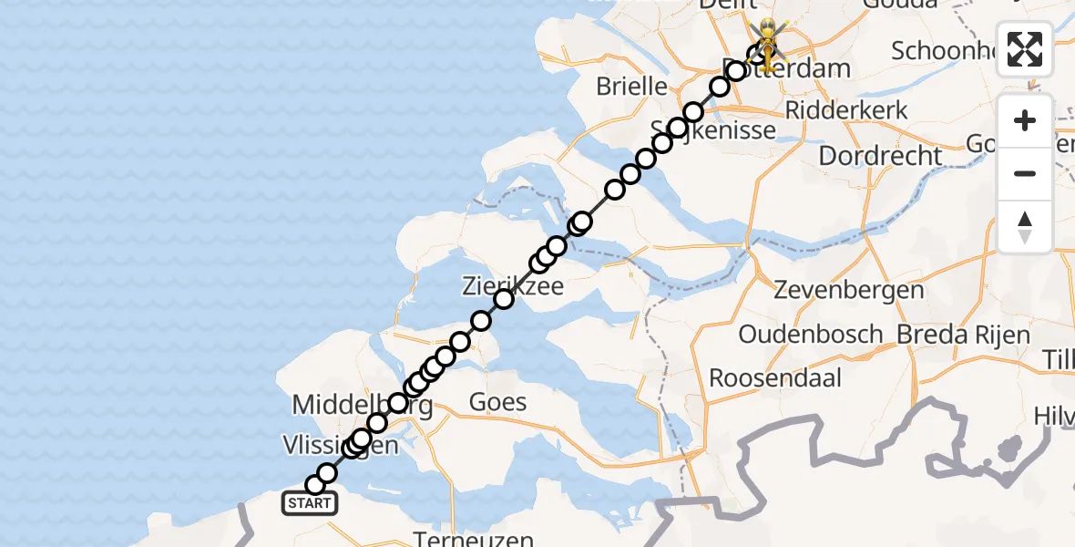 Vluchtroute Traumahelikopter van Groede naar Rotterdam The Hague Airport