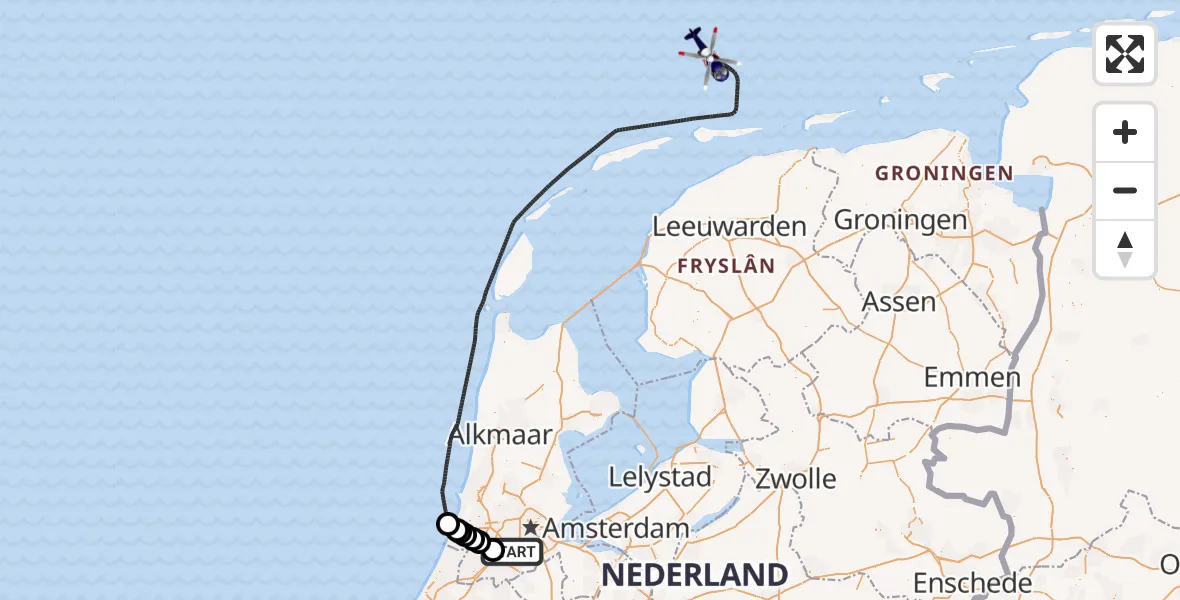 Vluchtroute Politiehelikopter van Amsterdam Vliegveld Schiphol naar Noordzee