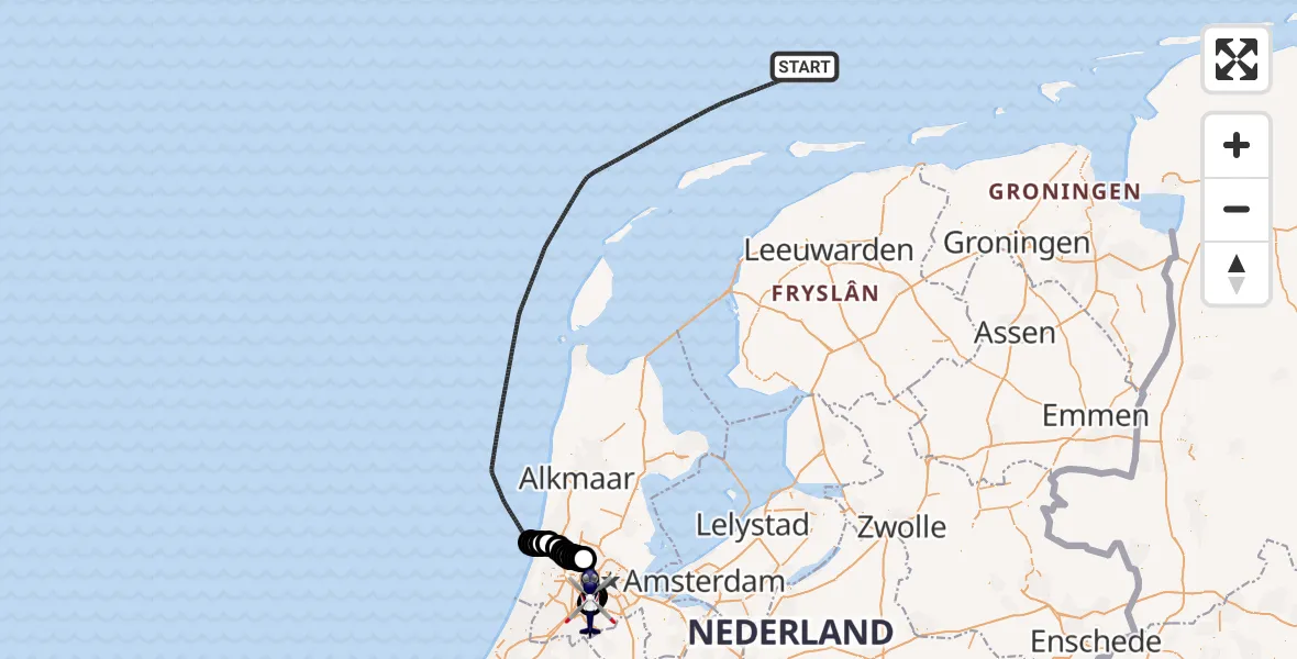 Vluchtroute Politiehelikopter van Noordzee naar Amsterdam Vliegveld Schiphol
