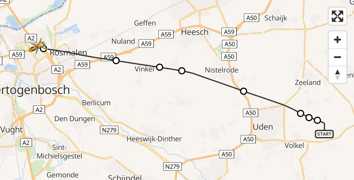 Vluchtroute Traumahelikopter van Vliegbasis Volkel naar 's-Hertogenbosch