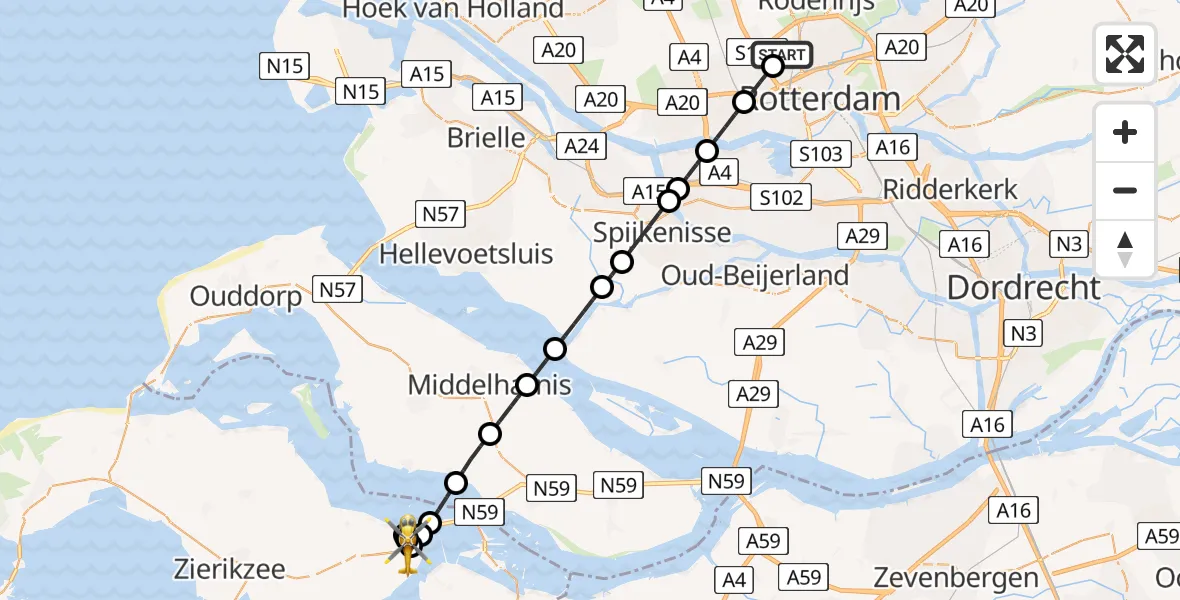 Vluchtroute Traumahelikopter van Rotterdam The Hague Airport naar Bruinisse