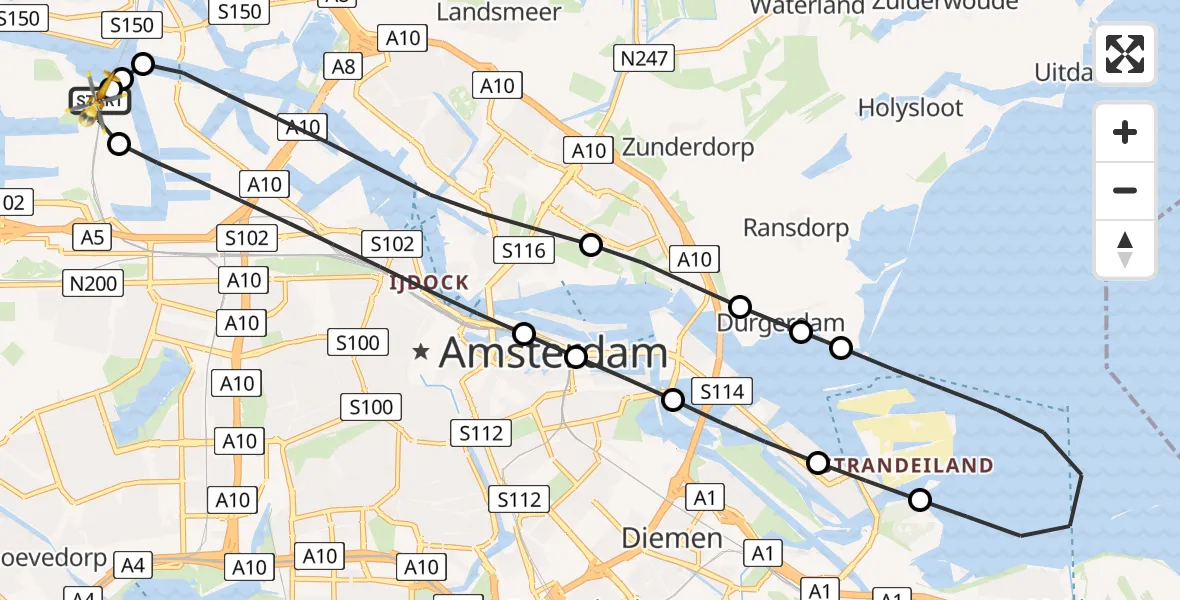 Vluchtroute Traumahelikopter van Amsterdam Heliport naar Amsterdam Heliport