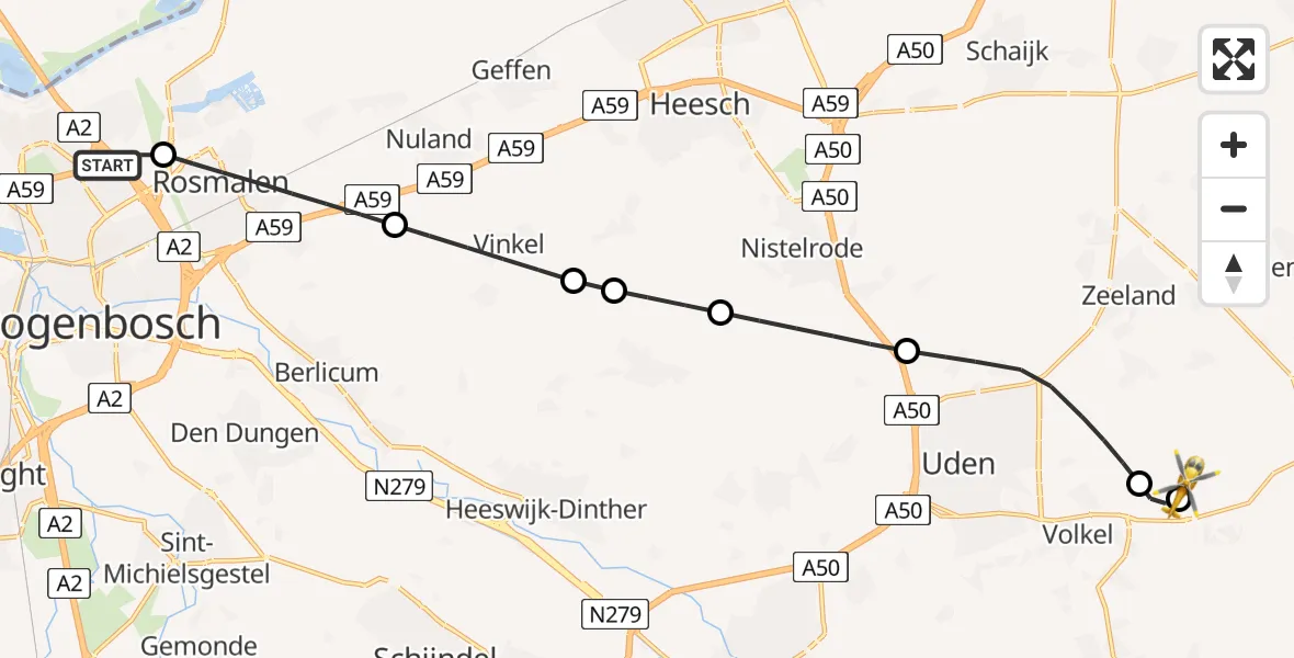 Vluchtroute Traumahelikopter van 's-Hertogenbosch naar Vliegbasis Volkel