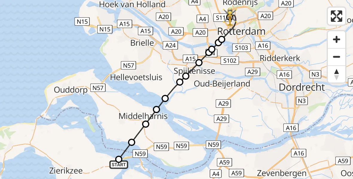 Vluchtroute Traumahelikopter van Bruinisse naar Rotterdam The Hague Airport
