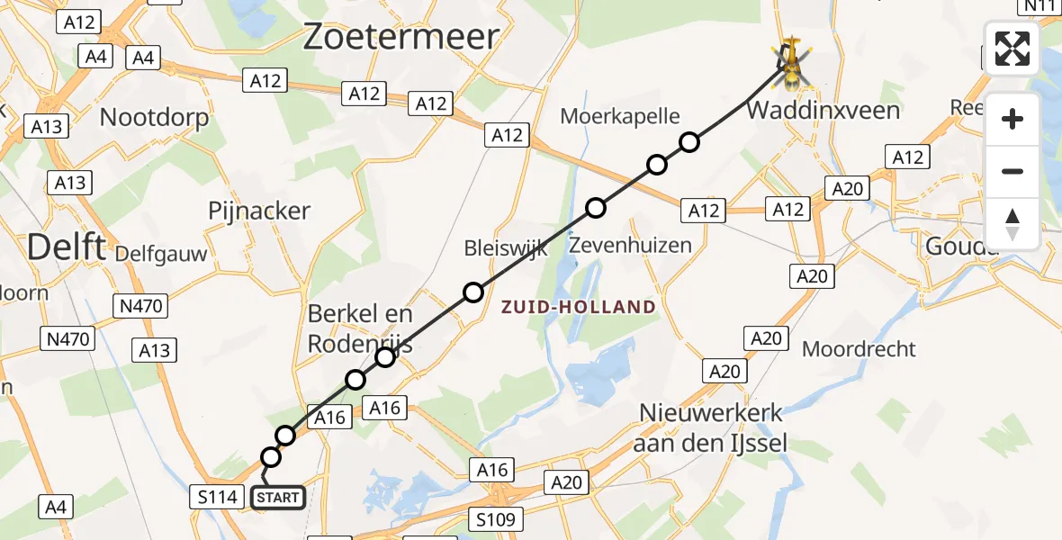 Vluchtroute Traumahelikopter van Rotterdam The Hague Airport naar Waddinxveen