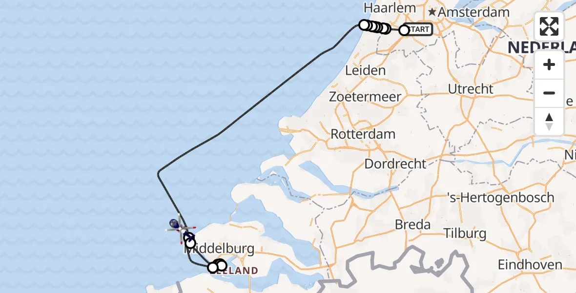 Vluchtroute Politiehelikopter van Amsterdam Vliegveld Schiphol naar Noordzee